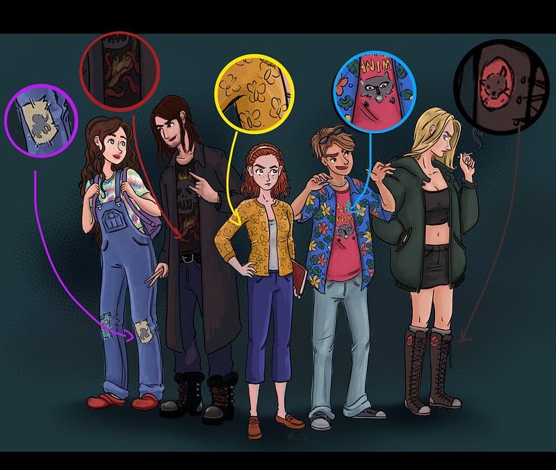 The Champions of the Earth, drawn by Martzi Campos. From left to right: Olive, Nico, Martha, Huxley, Mel. Arrows point to zoomed-in details about each of the characters' outfits: an elephant on a patch on Olive's overalls, tentacles on Nico's shirt, butterflies on Martha's jacket, a racoon on Huxley's T-shirt and the head of a panther on a logo on Mel's boots.