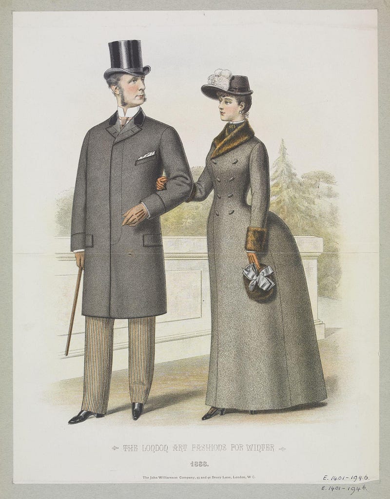 A fashion plate from 1888 with an engraved drawing of a man and a woman in smart winter fashions. The woman is wearing a long grey coat with a bustle.