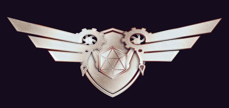 The Champions of the Earth logo with steampunk aesthetic: the twenty-sided die is embossed on a shield, which is attached to a pair of jetpack wings.