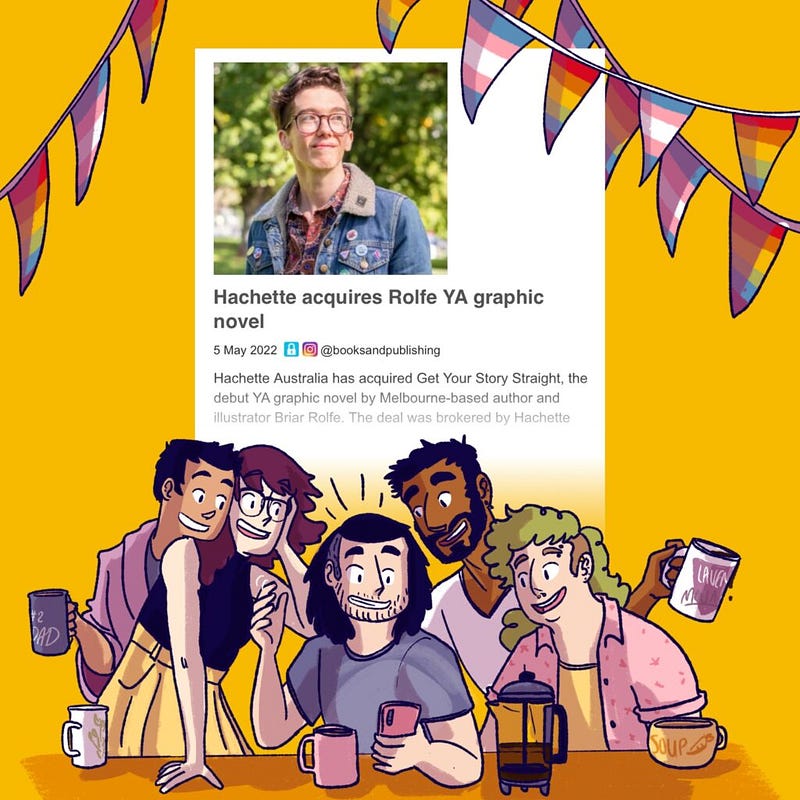 An illustration of a group of young adults gathered around a phone. A text bubble behind them shows the Books+Publishing article about the acquisition of Get Your Story Straight by Hachette Australia.
