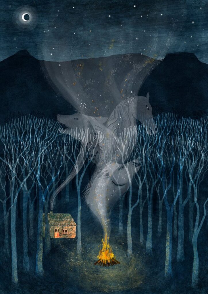 The Camlann cover art by Elin Manon: a cottage in the woods at night. A fire is lit at the edge of the forest, just outside the cottage. Smoke rises from the fire and into the night sky, to the stars and the crescent moon. In the smoke, three figures appear: the head of a boar, the head of a wolf and the head of a horse.