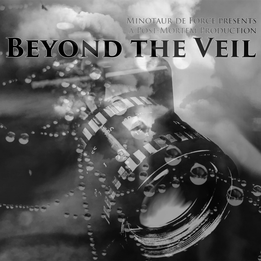 The monochrome cover art for the Phonic Fiction Fest episode: rain-covered cobwebs faded over a sleek camera overlayed over dark storm clouds.