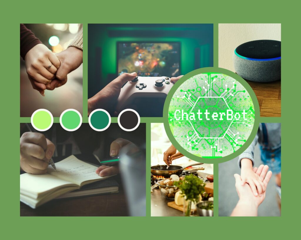 Ali Hylton's moodboard for the HUBRIS episode 'ChatterBot': framed by various shades of green, different photos show hands holding, a hand hovering over a page, a hand stirring amidst a chopping board of vegetables, two hands holding a game controller and the speaker of an Alexa/Google/Echo/etc.