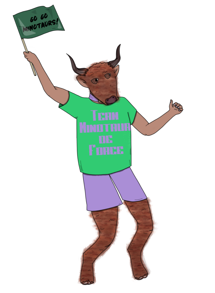 The illustration of a young minotaur in a neon green shirt and purple shorts, waving a dark green flag and giving the thumbs' up. Both the flag and the shirt display the text TEAM MINOTAUR DE FORCE.