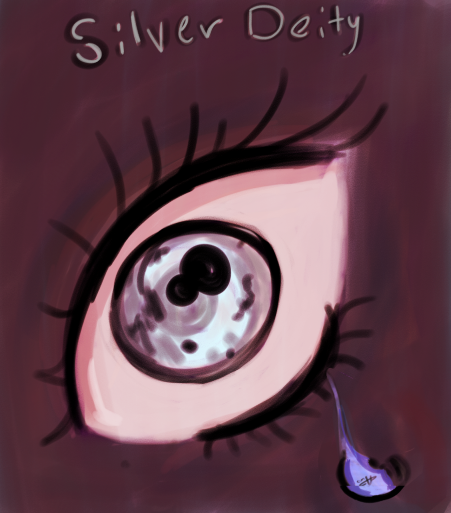 The cover art for SILVER DEITY, illustrated by Fish: an eye on a maroon background with the moon for an iris. A silver Auris dangles from an eyelash, like a tear.
